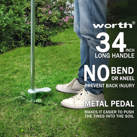 Stand-Up Weeding Tool With 34 Inch Long Handle And Five Claws used in garden, showing anti rust steel root puller use without bending