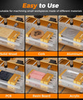 Close-up of High Precision CNC Vise Worktable for Desktop Router Machines 7.87 by 3.94 inch clamping various materials.
