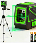 Laser Level With Tripod And Rotary Green Cross Line 100 Ft Self Leveling Laser Tool For Indoor Outdoor Construction And For DIYers 110 Degree Coverage For Precise Alignment And Fast Reliable Results. black and green laser level on tripod with batteries