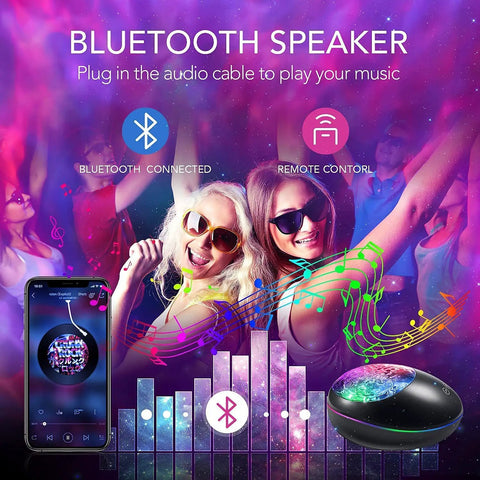 Galaxy Projector Skylight With 24 Light Modes And White Noise Bluetooth Speaker in a vibrant party scene with smartphone app display