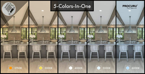 5 lighting colors from 2700K to 6000K shown with 4-Pack 3-Inch LED Color Selectable Ultra-Thin Recessed Ceiling Downlights With J-Box