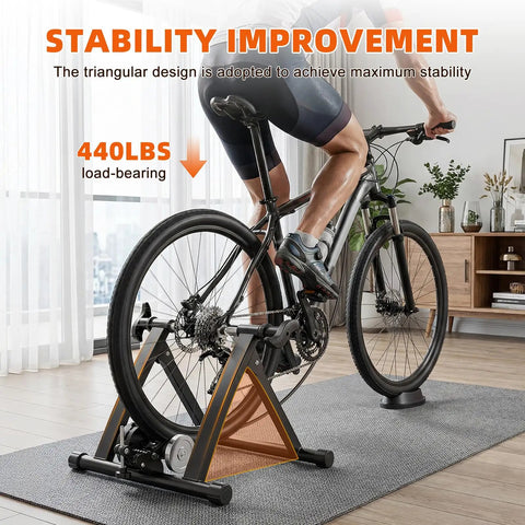 Indoor Magnetic Bike Trainer Stand with Six Level Resistance in use, fits 26 to 28 inch and 700C wheels, ideal for home cardio
