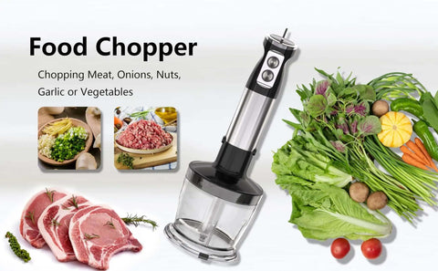 Straight Outta Box Kitchen Essential This 800W 5 In 1 Handheld Blender Delivers A Corded Stick Design Plus Attached Chopper Whisk And Frother For Down Pat Smoothies Silky Purees And Lazy Night Dinner Sauces with stainless steel chopper and fresh vegetables.
