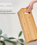 Hand lifting Bamboo Toilet Paper Storage Holder With Lid On A Sturdy Bamboo Base, Space Saving Roll Dispenser with dust shield.