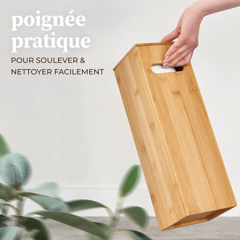 Hand lifting Bamboo Toilet Paper Storage Holder With Lid On A Sturdy Bamboo Base, Space Saving Roll Dispenser with dust shield.