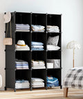 12 Cube Storage Organizer Closet System For Home And Kids Room Portable Clothes Shelves Black with towels and hats