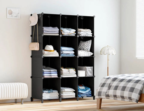 12 Cube Storage Organizer Closet System For Home And Kids Room Portable Clothes Shelves Black with towels and hats