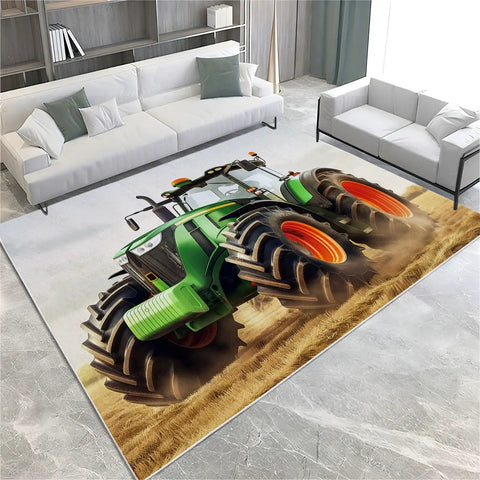 Green Rooster Themed Area Rug 3 By 5 Ft Low Pile With Non Slip Backing Machine Washable For Living Room Bedroom Nursery Office Entryway Dining Room Cozy Accent featuring tractor design in a modern living room setting.