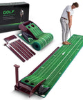 Indoor Golf Putting Mat With Three Track Putting Green And Automatic Ball Return, Pro Grade Home Office Practice Kit displayed