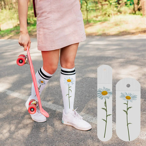 4 Piece Metal Sock Jig Set For Sublimation Dope Gear shown with floral print socks, featuring two straight molds for DIY printing.