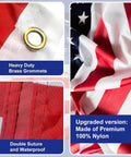 Close-up of nylon flag detailing with brass grommets and double suture, part of 25 Foot Heavy Duty Flag Pole Built Tough Aluminum Rust Resistant Wind Tested To 100 MPH Two Flags Includes Nylon Embroidered 5x3 Flag Outdoor Yard Commercial Or Residential Installations.