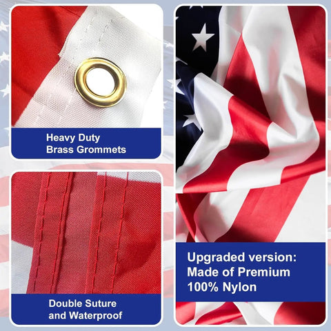 Close-up of nylon flag detailing with brass grommets and double suture, part of 25 Foot Heavy Duty Flag Pole Built Tough Aluminum Rust Resistant Wind Tested To 100 MPH Two Flags Includes Nylon Embroidered 5x3 Flag Outdoor Yard Commercial Or Residential Installations.