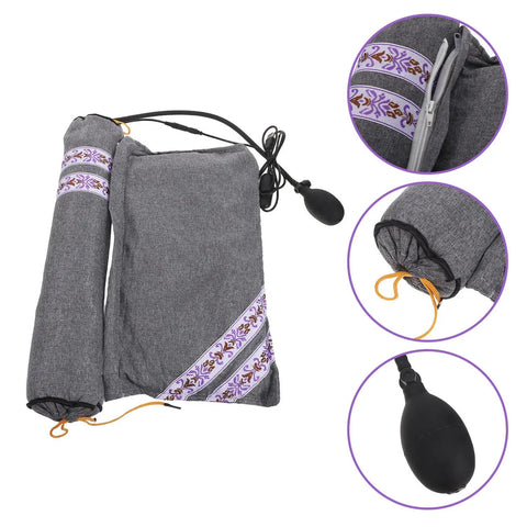Chill Out With This Super Cozy Heated Neck Pillow For Serious Neck Stiffness Relief And Deep Relaxation, gray fabric, inflatable design.
