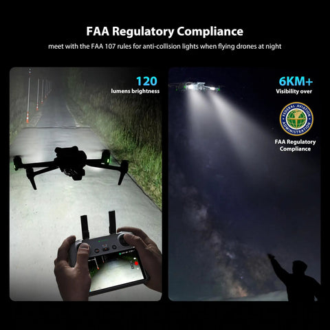 Rechargeable Drone Strobe Light LED Lamp For Night Flights FAA Ready Beacon showing bright illumination and FAA compliance on drone