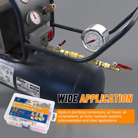 Image showing a Brass One Quarter Inch NPT Air Fittings Kit All In One Heavy Duty Thirty Two Piece Set with compressor application.