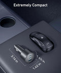 Ultra Compact 167.5W Triple Port USB-C Car Charger with dimensions next to car accessory, showing size.