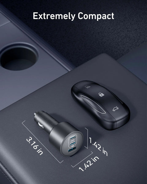 Ultra Compact 167.5W Triple Port USB-C Car Charger with dimensions next to car accessory, showing size.