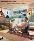Man using Water Rowing Machine For Home Gym With Foldable Wooden Frame 400 Lb Capacity Quiet Ergonomic Seat and monitor