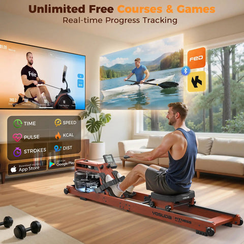 Man using Water Rowing Machine For Home Gym With Foldable Wooden Frame 400 Lb Capacity Quiet Ergonomic Seat and monitor