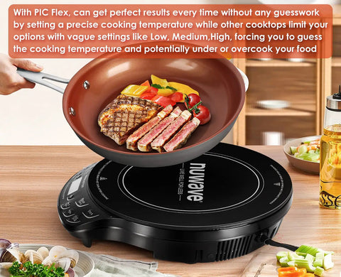 Flex Precision Induction Cooktop With Shatterproof Ceramic Glass 10.25 Inch Surface, pan on cooktop with steak and vegetables