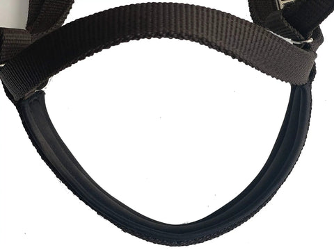 Close-up of black nylon padded browband for All Day Comfort Nylon Padded Browband Horse Headstall With Reins In Multiple Colors.