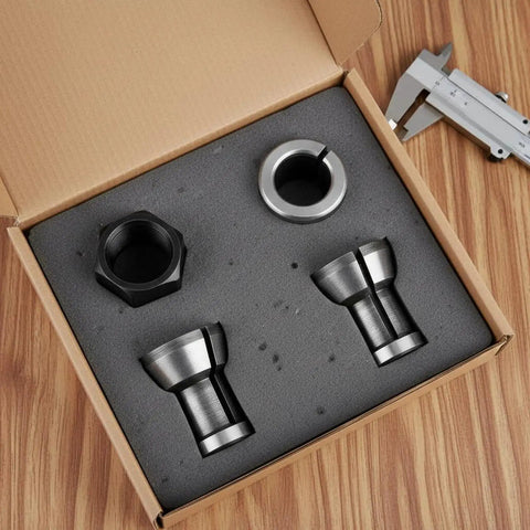 Collet Nut And Collet Chuck Set M17 Tool Holding Clamp For Precise Routing And Cutting Beefy Heavy Duty Ultra Consistent Hold For Shop Use And Fabrication Floors, 4-piece set in foam box