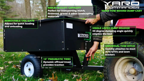 Side view of Beefy 400 LB Capacity Tow Behind ATV Trailer Steel Dump Cart with removable tailgate and pneumatic tires outdoors