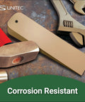 Non Sparking Aluminum Bronze Flange Wedge with lanyard hole shown with hammer and wrench, corrosion resistant design