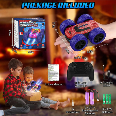 Epic Dual Sided Remote Control Car for Kids LED Lights 4WD Stunt Vehicle 360 Degree Flips 2.4GHz package contents displayed.