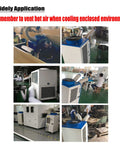 Workhorse Industrial Spot Cooler Dropping 20400 BTU Frost With 3600 Cubic Meter Hour Airflow and 14 Liter Tank used in various workspaces.