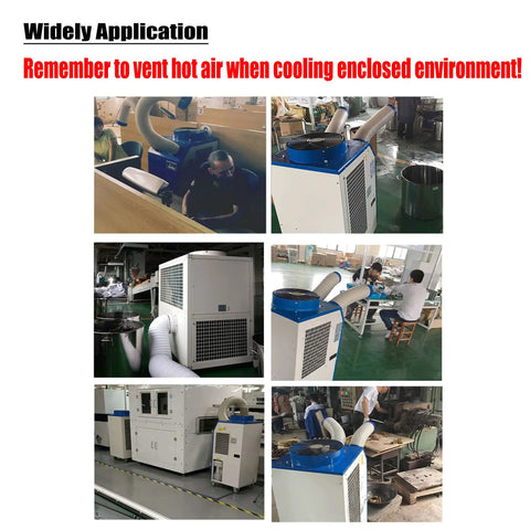 Workhorse Industrial Spot Cooler Dropping 20400 BTU Frost With 3600 Cubic Meter Hour Airflow and 14 Liter Tank used in various workspaces.