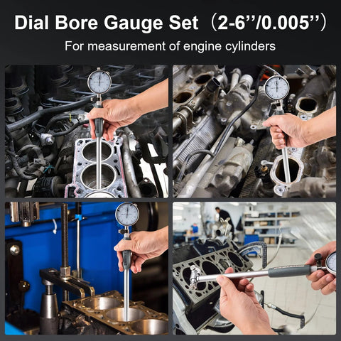 Dial bore gauge set 2-6 in range with dial indicator for engine cylinder measurement
Side view of dial bore gauge inserted into engine cylinder bore for measurement
Close-up of the dial indicator on a bore gauge measuring a cylinder bore
Bore gauge in use across a cylinder bore during engine machining in a workshop
