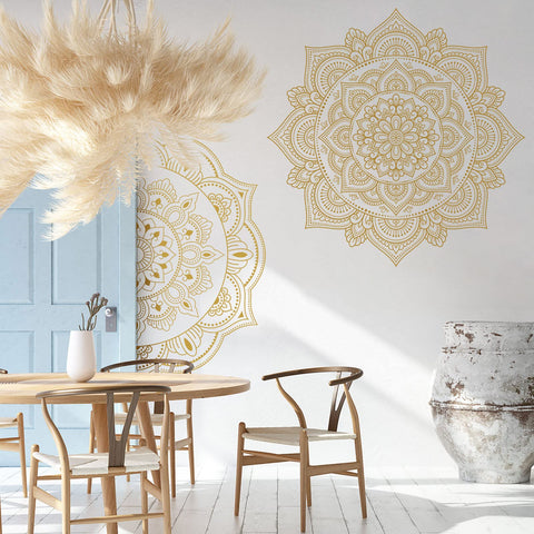 Gold Half Mandala Wall Decals Set With Lotus Flower Vinyl Art For Boho Bedroom And Living Room Four Piece Peel And Stick Kit Two Patterns That Form A Complete Mandala Perfect Headboard Decor For Yoga And Namaste Vibes