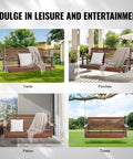 Wood Porch Swing 5.5Ft With Heavy Duty 880 Lb Capacity For Outdoor Patio Garden Hangout Built To Last Durable Fir Wood With Galvanized Chains Weatherproof Brown shown in various settings including yards, porches, patios, and trees.
