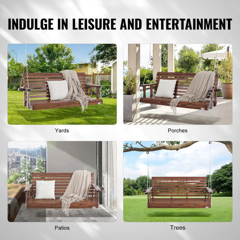 Wood Porch Swing 5.5Ft With Heavy Duty 880 Lb Capacity For Outdoor Patio Garden Hangout Built To Last Durable Fir Wood With Galvanized Chains Weatherproof Brown shown in various settings including yards, porches, patios, and trees.