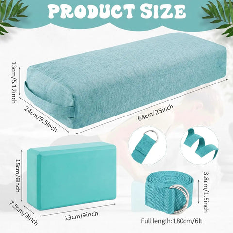 All In One Yoga Bolster Set With Blocks And Strap, Restorative Meditation Kit With Carry Handle, Non Slip, Washable Cover, Durable Sponge Bolster And Two Blocks For Balance, Pilates, Stretching, Green, with 25x9.5x5.12 in bolster