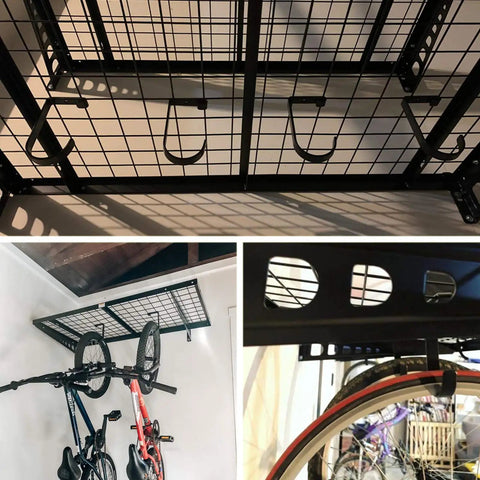 Flat Hook Add On Storage Hooks For Ceiling Racks And Wall Shelving 6 Pack Heavy Duty Garage Organization Clips with bikes and gear