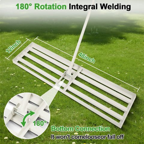 48 By 12 Inch Lawn Leveling Rake on grass showing six foot handle and 180 degree rotation with heavy duty galvanized steel construction