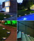 8 Pack Solar Ground Lights IP65 Waterproof LED In Ground Lights for Pathway Yard Garden Deck Driveway Lawn Disk Landscape Lights with Warm White and Blue Ambience along pathways and stairs.