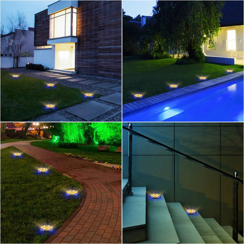 8 Pack Solar Ground Lights IP65 Waterproof LED In Ground Lights for Pathway Yard Garden Deck Driveway Lawn Disk Landscape Lights with Warm White and Blue Ambience along pathways and stairs.