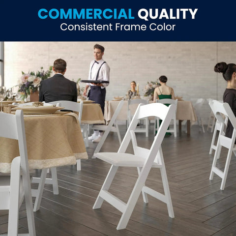 Hercules Series White Padded Folding Chair Set Of 4 Ultra Lightweight Event Seating With 800 Lb Capacity in a banquet setting