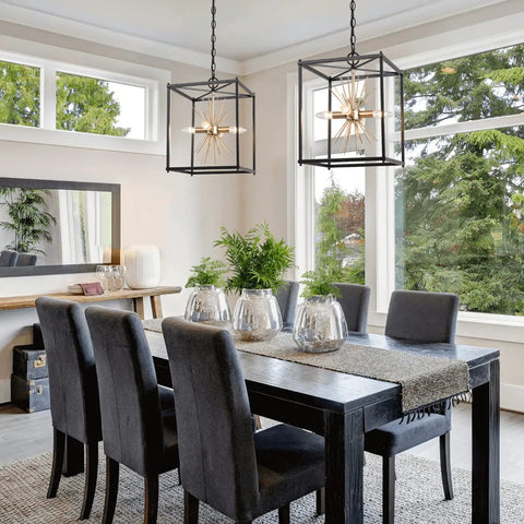 Dining room with Black And Gold Four Light Sputnik Chandelier pendant lighting over table, 12 Inch Wide, UL Listed, Adjustable 59 Inch Chain