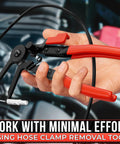 Hose clamp removal tool in hand with red-handled pliers for radiator hose clamps.