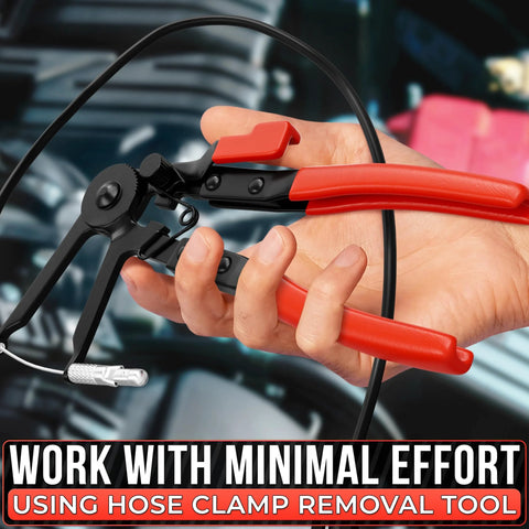 Hose clamp removal tool in hand with red-handled pliers for radiator hose clamps.