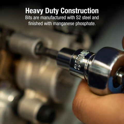 Close-up of the Beefy 37 Piece Three Eighths Inch Drive Bit Socket Set being used, showing S2 steel and manganese phosphate finish.