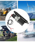 Heavy Duty Hydraulic Linear Actuator 12V 500W Kick Butt Powerhouse lifting 4409 lbs with connectors against various backgrounds.