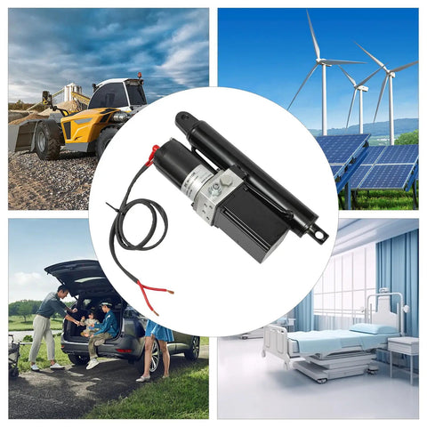Heavy Duty Hydraulic Linear Actuator 12V 500W Kick Butt Powerhouse lifting 4409 lbs with connectors against various backgrounds.