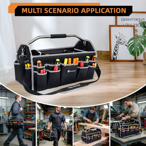 Built Tough 16 Inch Tool Bag For Men With Open Top Design Foldable Tool Tote Carrier Electrician Grade With 22 Pockets
