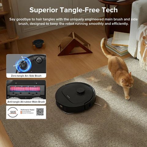 roborock Qrevo Series robot vacuum and mop, black, top-down view on rug with cat nearby