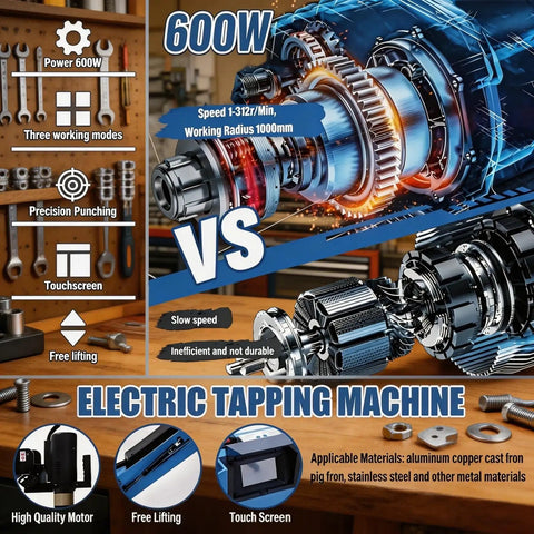 600W motor of 1000 Watt Electric Tapping Machine With Flexible Arm And Touchscreen Cnc Control, showing precision and touch panel features.